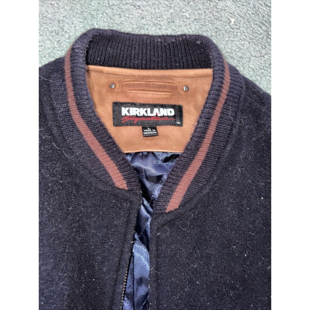 Vintage Kirkland Signature Mens L Black Wool Bomber Varsity Leather Sleeve Lined